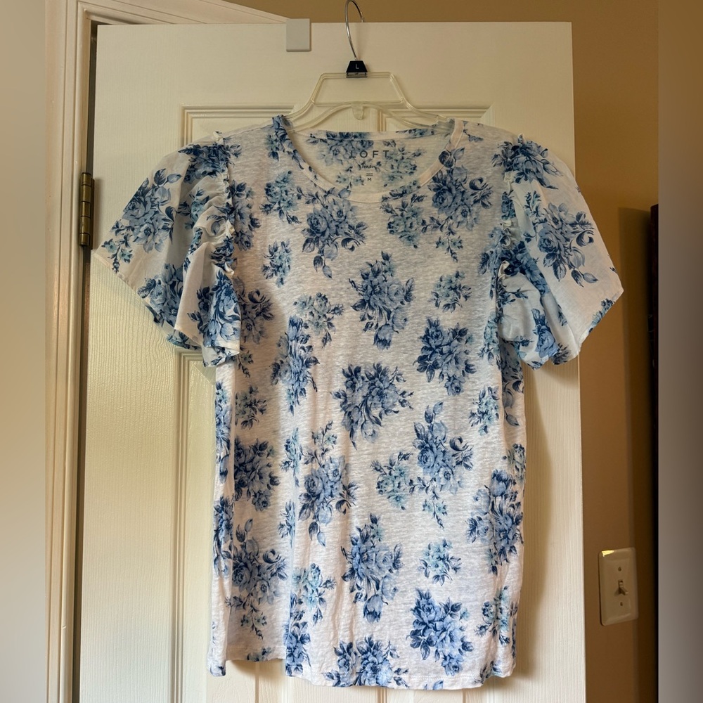 LOFT White and Blue Floral Blouse